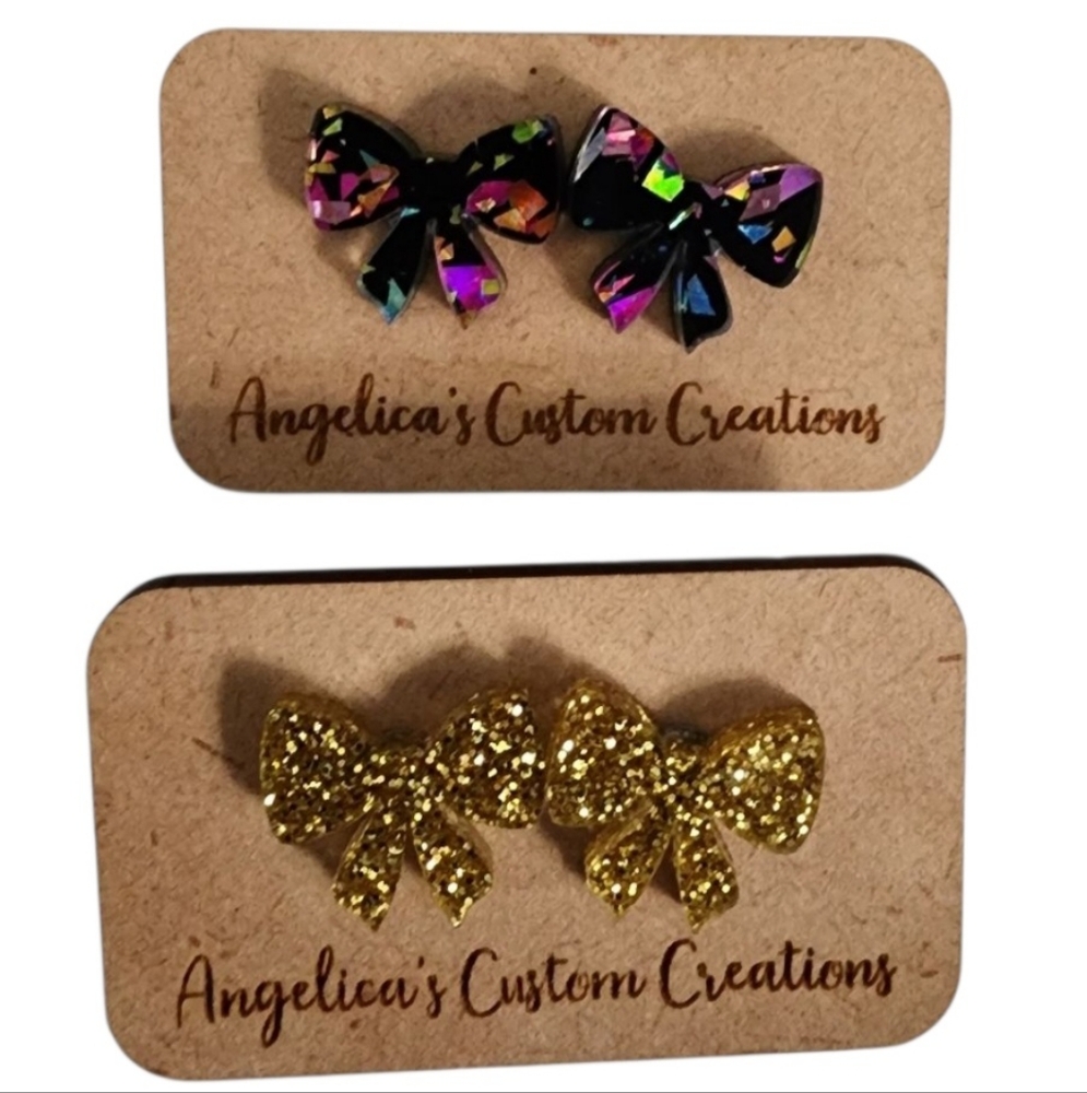 Glam Bow Acrylic Stud Set - Gold Glitter/Black, 2 Pair
